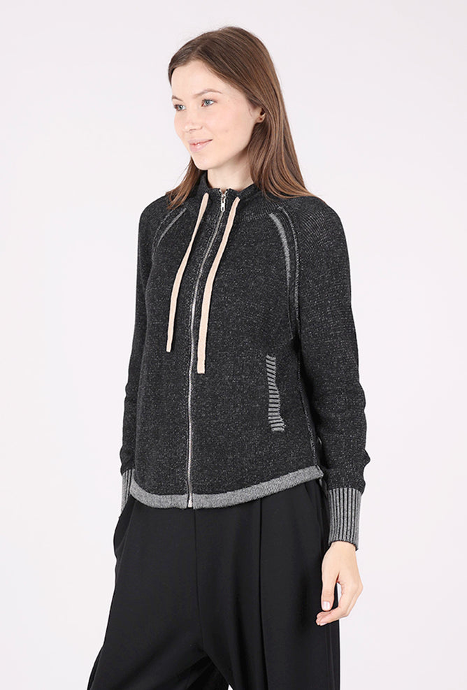 Two-Tone Zip Up Sweater, Black