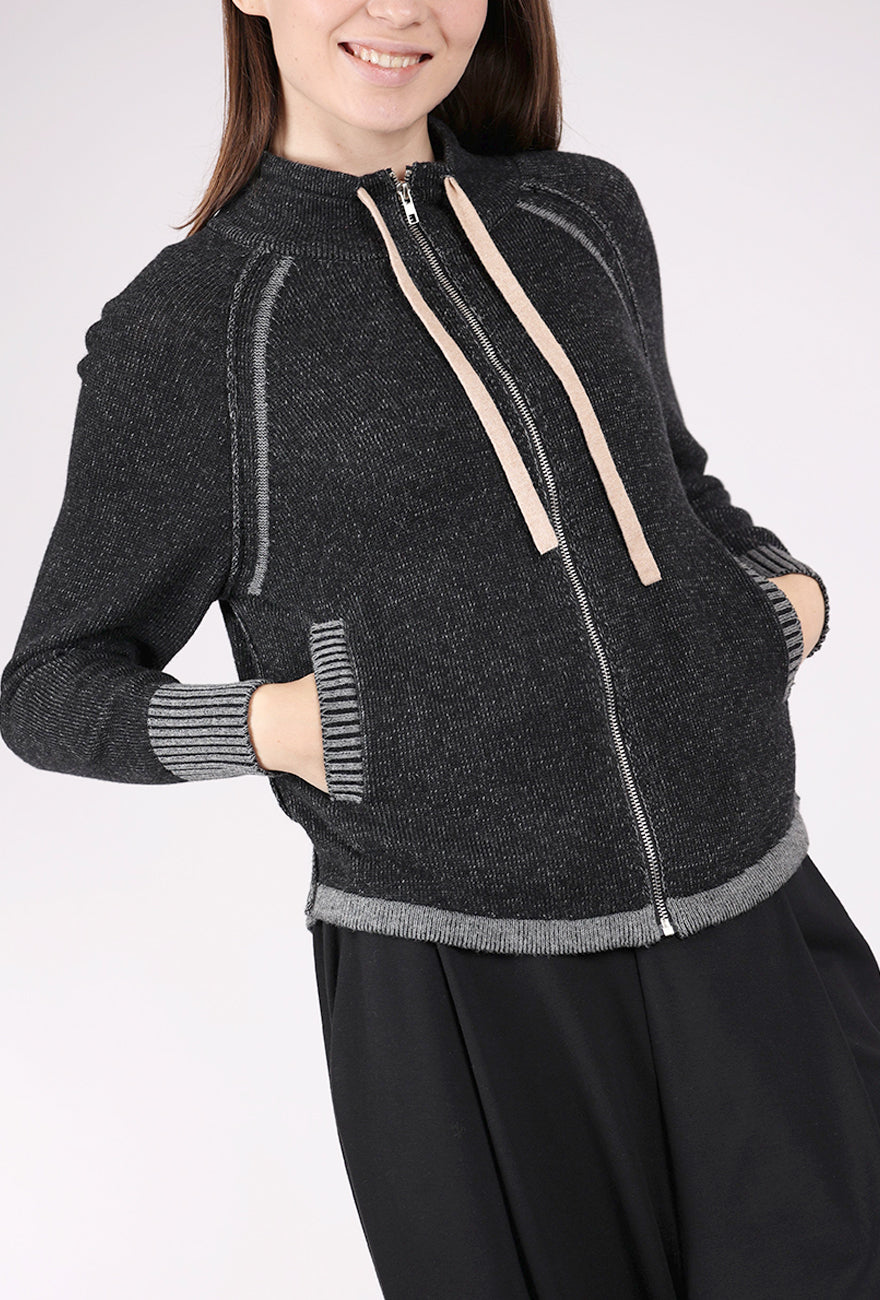 Two-Tone Zip Up Sweater, Black
