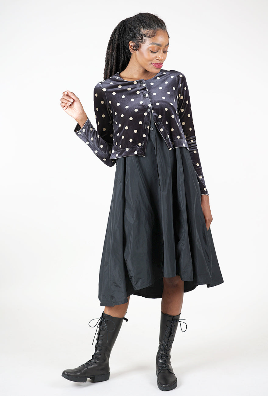 Taffeta Velvet Layered Dress, Black/Polka