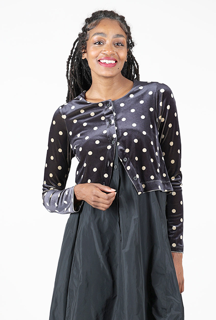 Taffeta Velvet Layered Dress, Black/Polka Angle 2