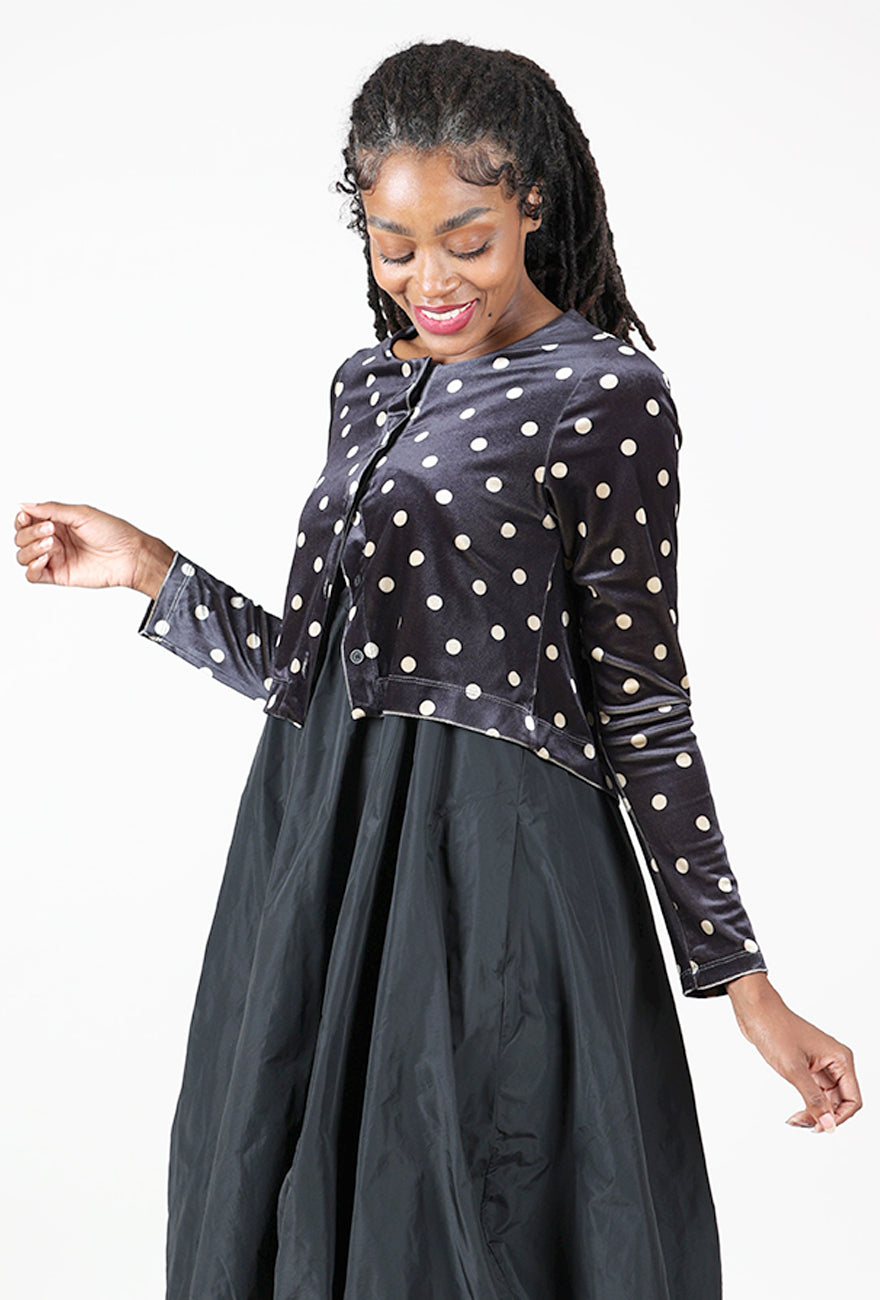 Taffeta Velvet Layered Dress, Black/Polka