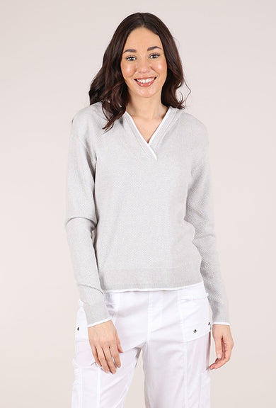 Kinross Cashmere Rib Pullover Hoodie, Gray/White 