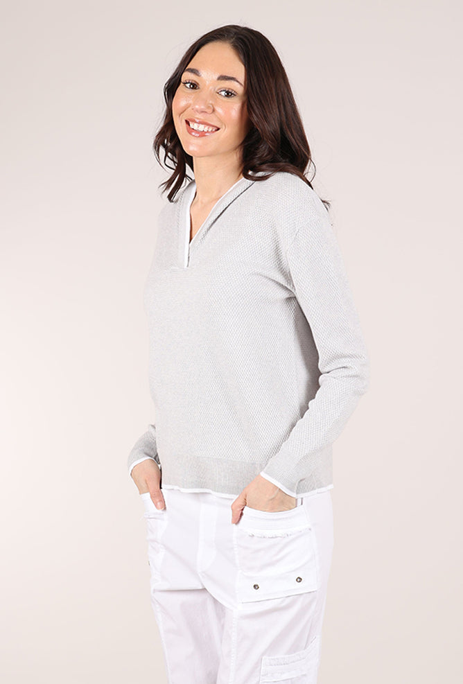 Kinross Cashmere Rib Pullover Hoodie, Gray/White 
