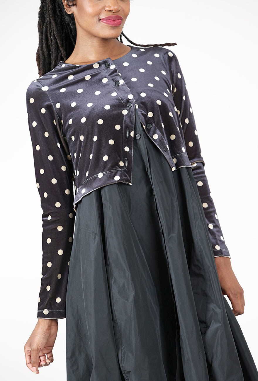 Taffeta Velvet Layered Dress, Black/Polka Angle 5