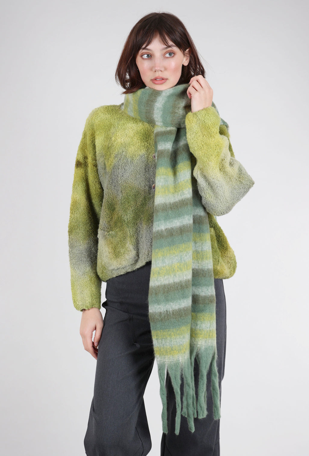 Knit Bon Bons Brushed Chunky Fringe Scarf, Green Combo 