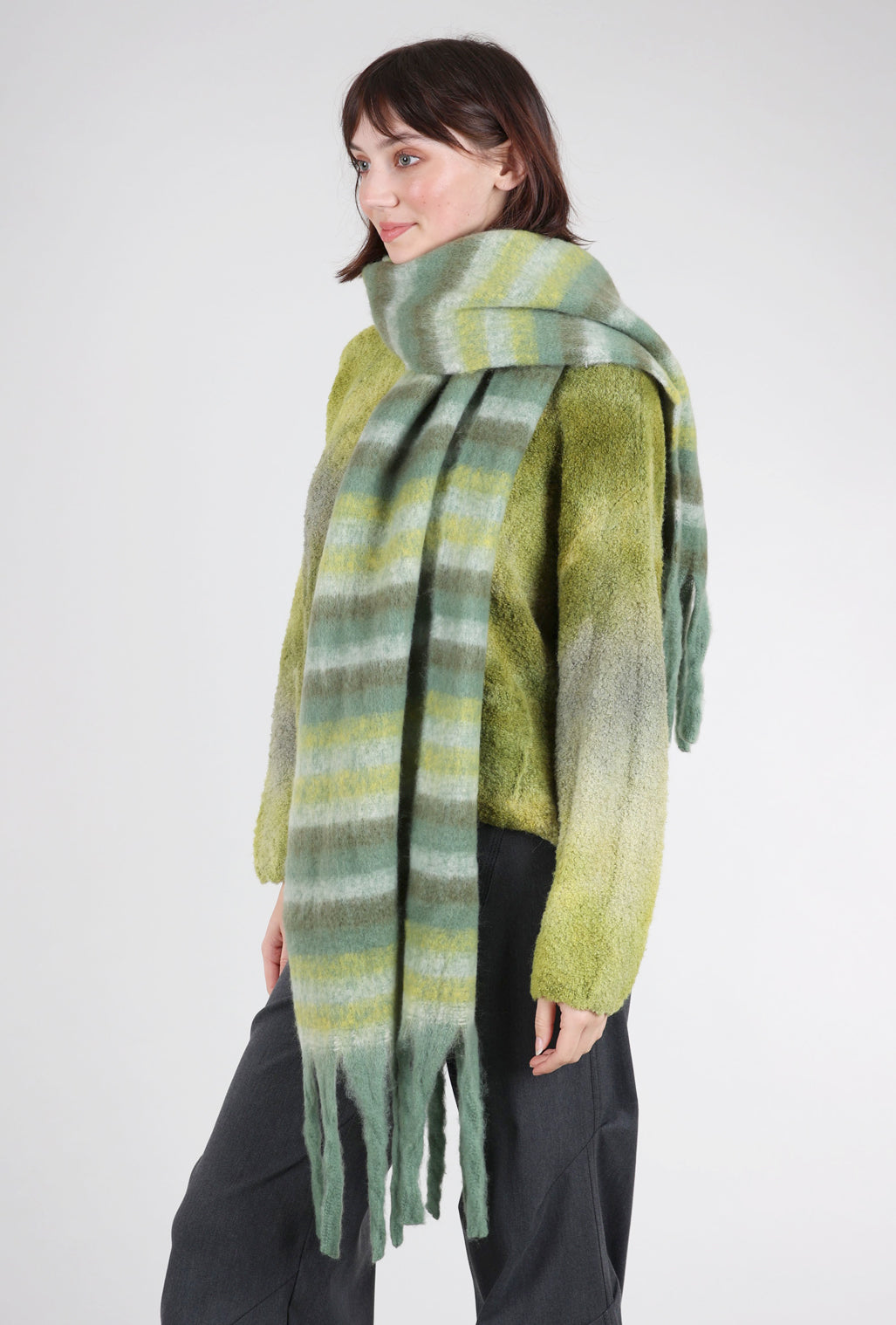 Knit Bon Bons Brushed Chunky Fringe Scarf, Green Combo 