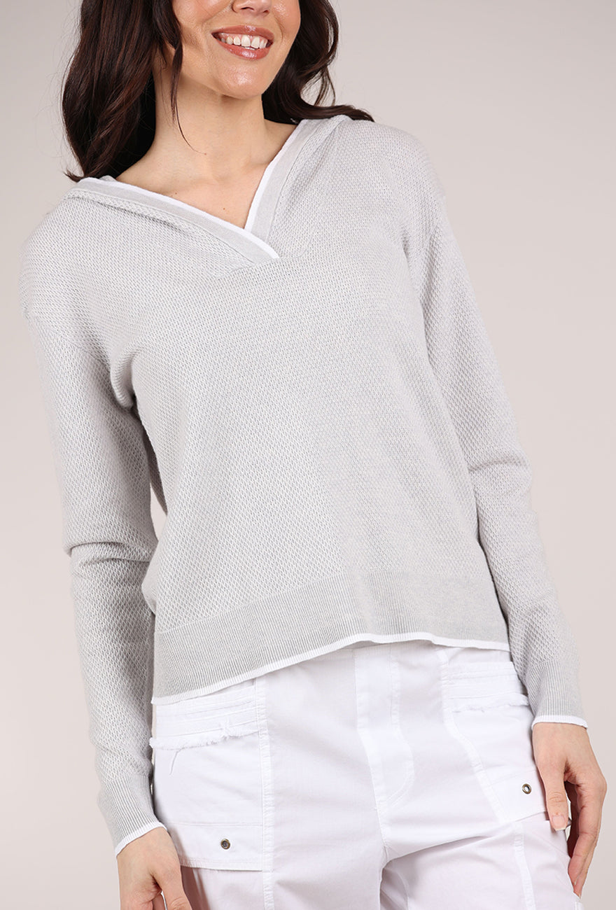Kinross Cashmere Rib Pullover Hoodie, Gray/White 
