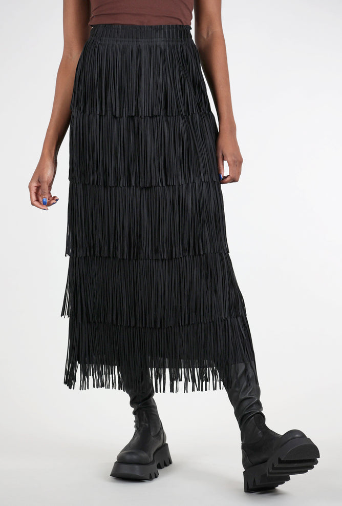 Origami Apparel Layered Fringe Tiered Skirt, Black 