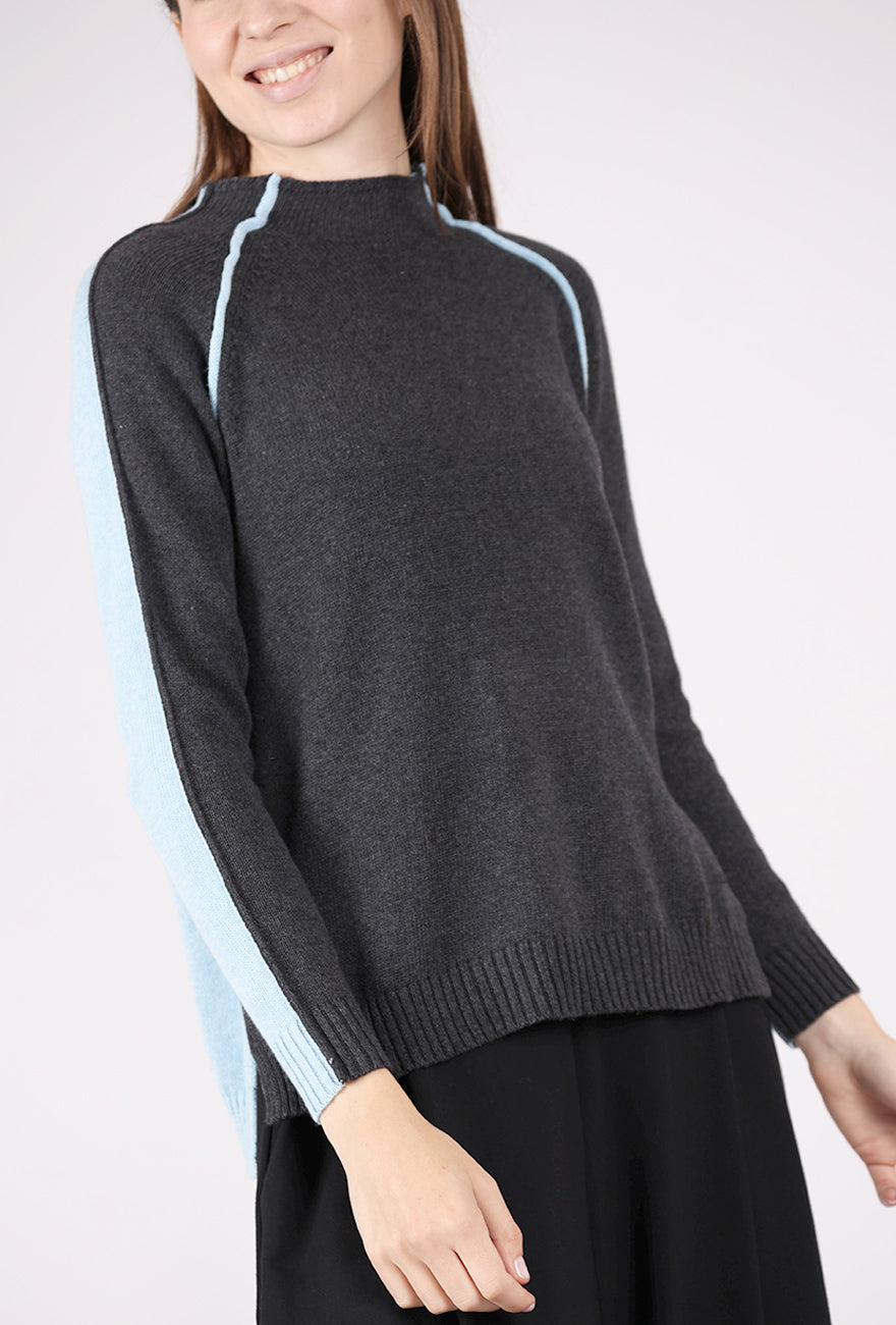 Reversible Block Funnel Sweater, Charcoal/Sky