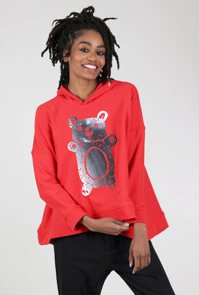 Paper Temples Print Hoodie Sweat, Red/Bear 