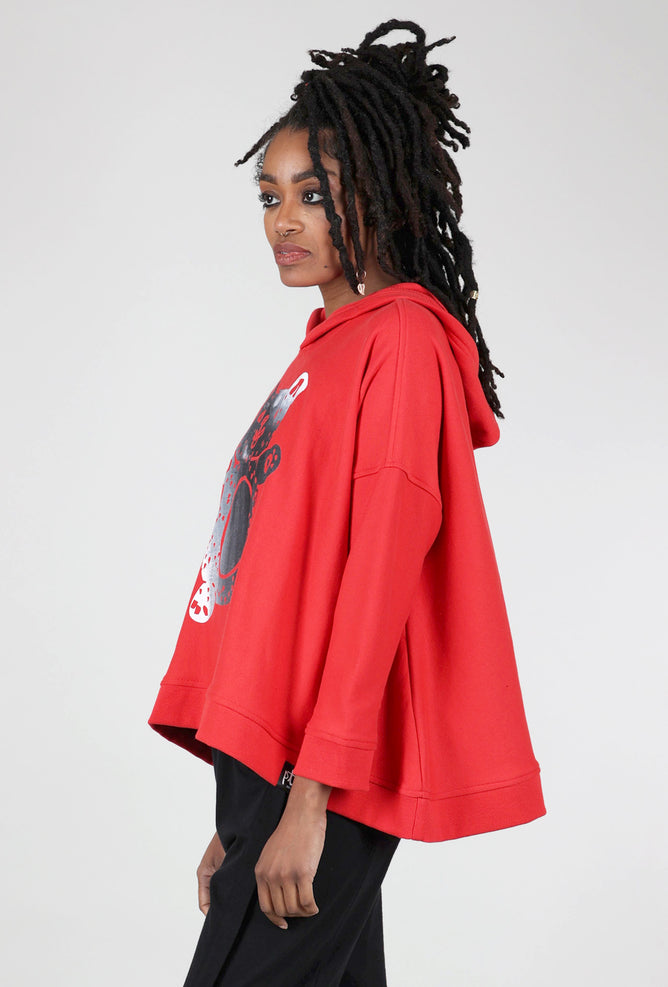 Paper Temples Print Hoodie Sweat, Red/Bear 