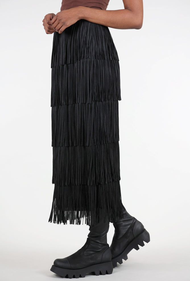 Origami Apparel Layered Fringe Tiered Skirt, Black 