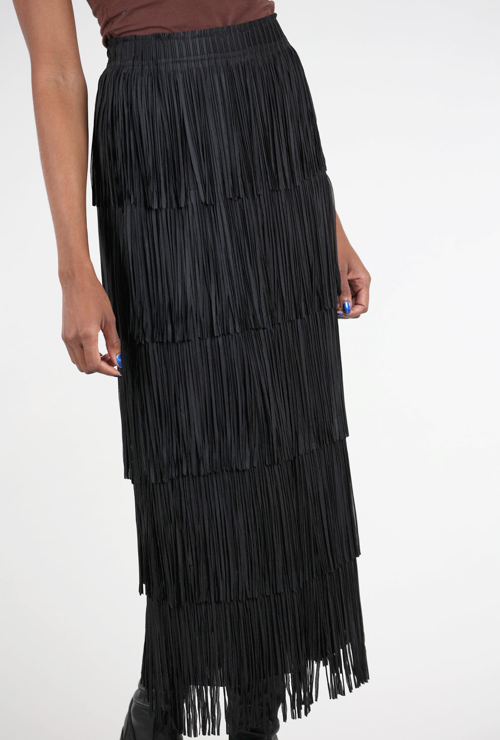 Origami Apparel Layered Fringe Tiered Skirt, Black 