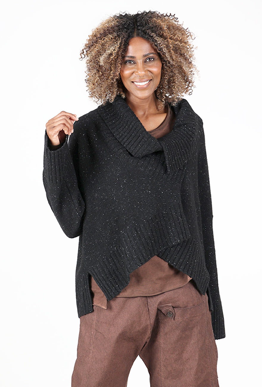 Ribbed Asym Marled Pullover, Black