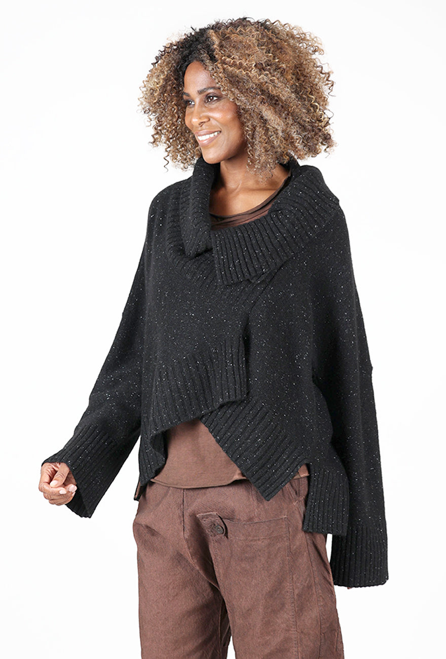 Ribbed Asym Marled Pullover, Black