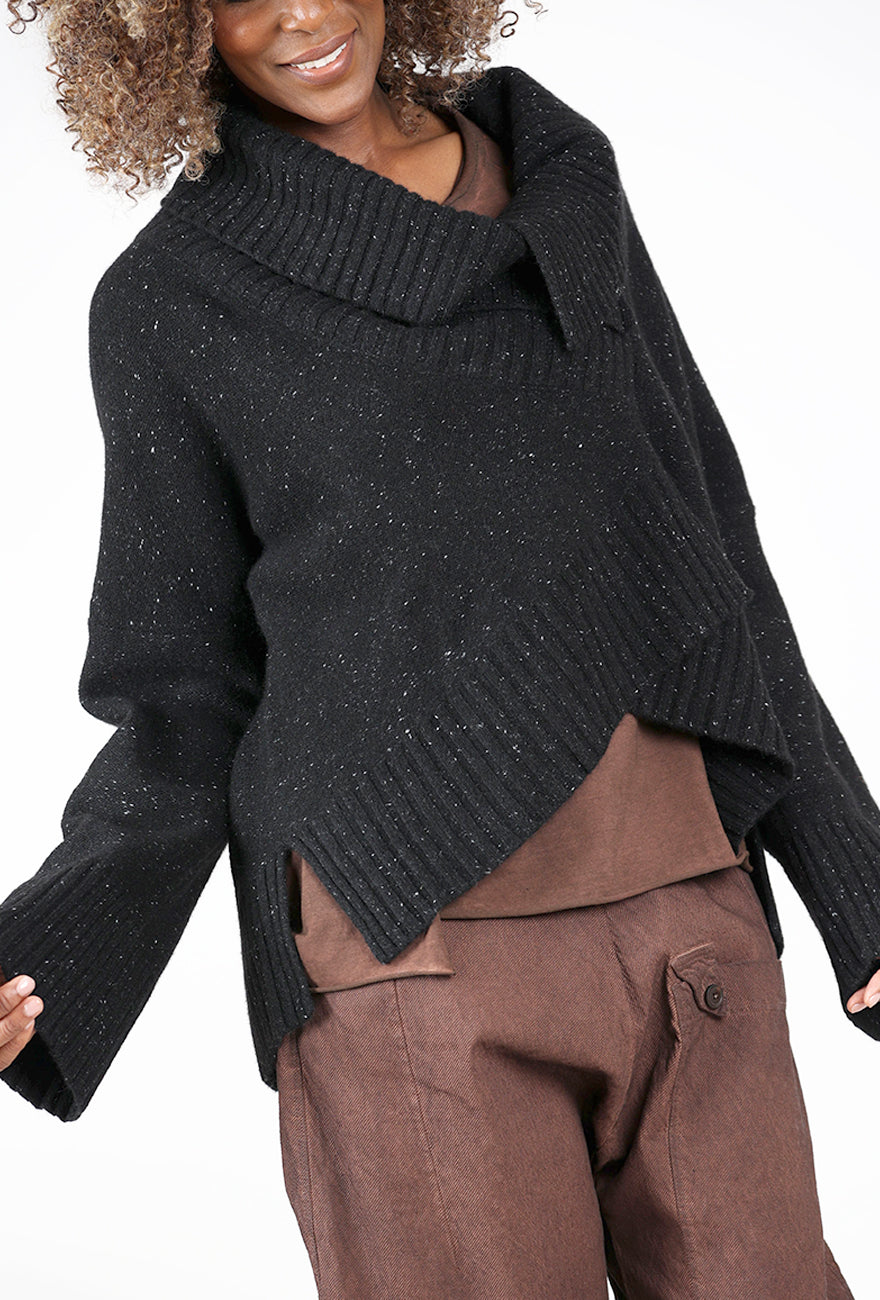 Ribbed Asym Marled Pullover, Black
