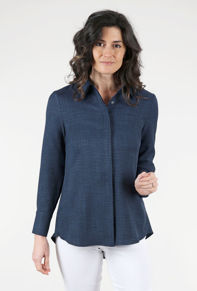 Estelle & Finn Back Pleated Blouse, Heathered Navy 