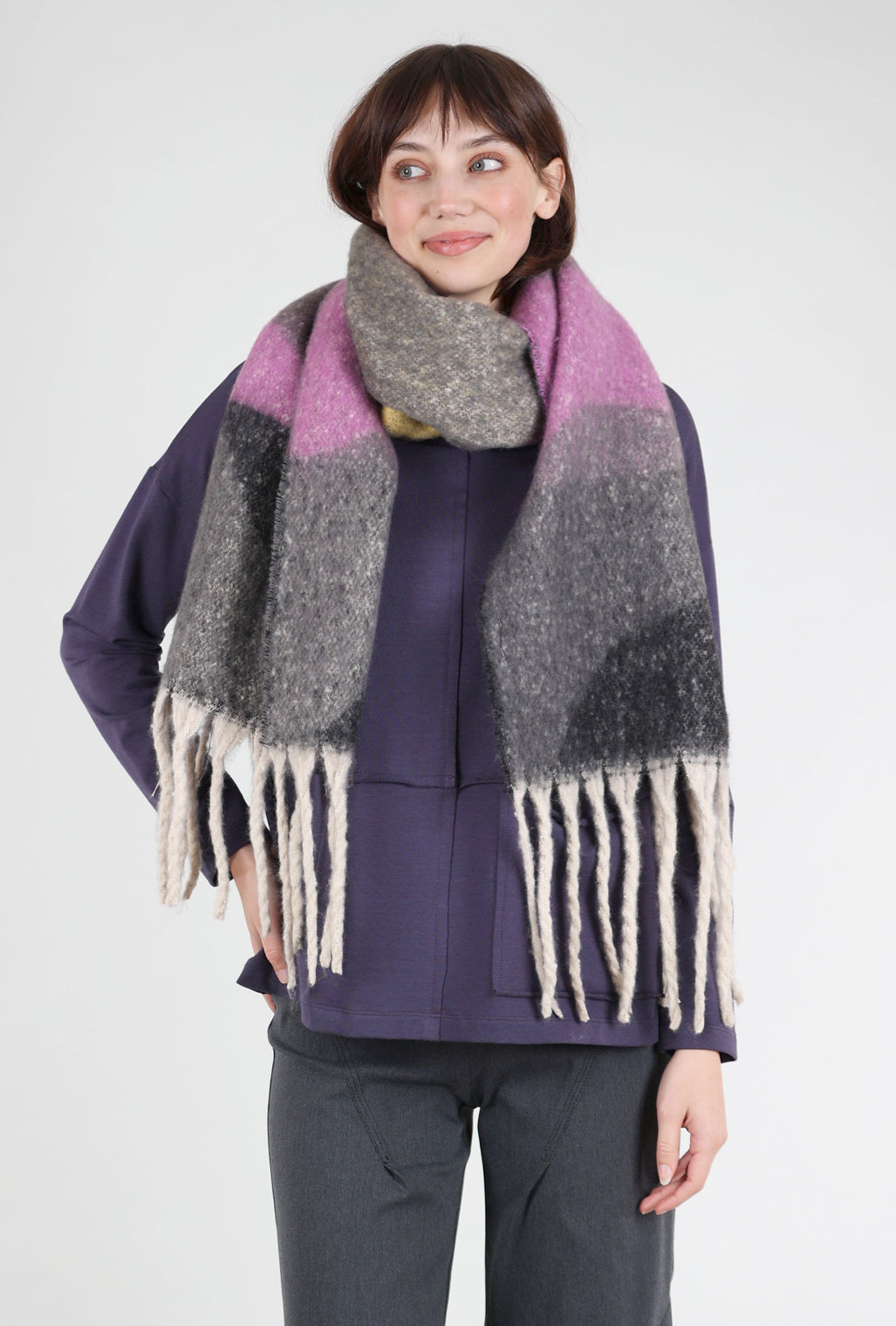 Knit Bon Bons Brushed Oversized Geo Color Block Scarf, Purple/Black 