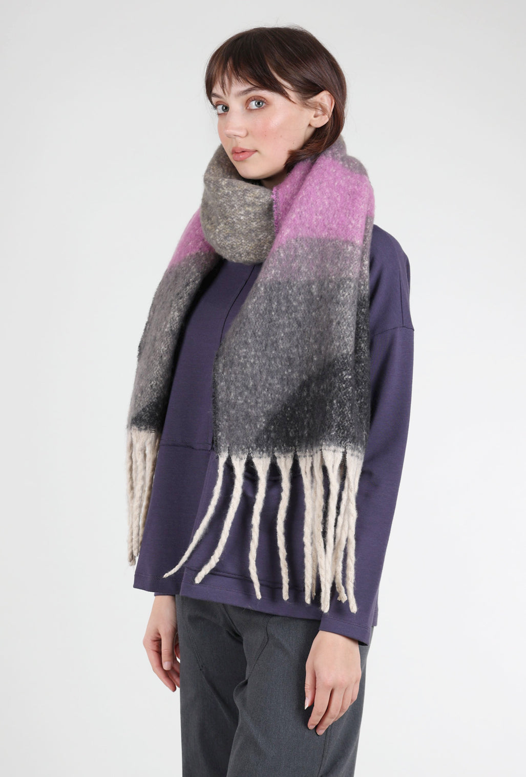 Knit Bon Bons Brushed Oversized Geo Color Block Scarf, Purple/Black 