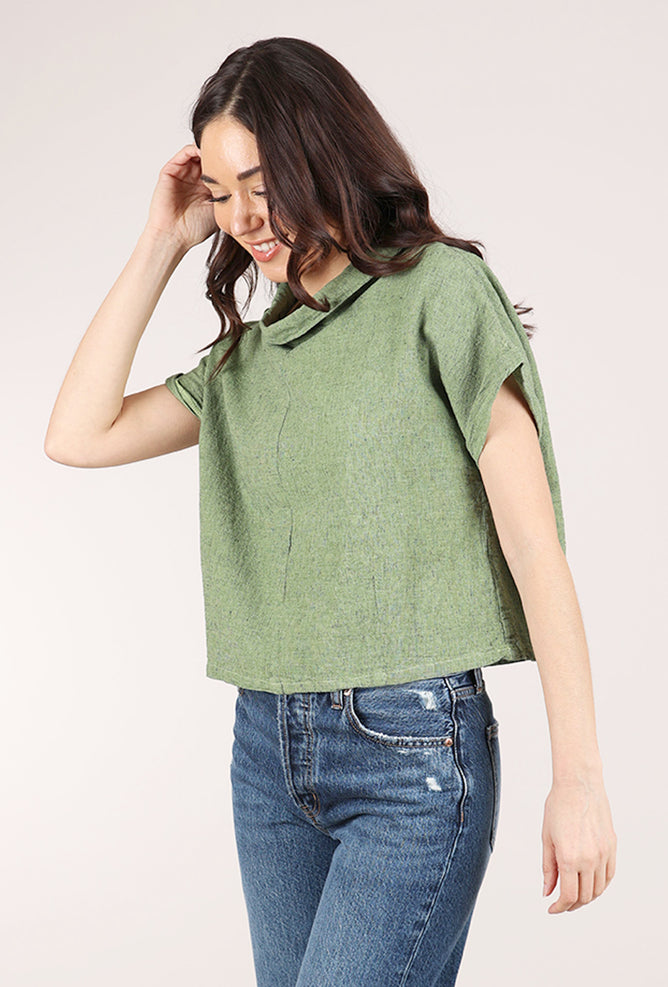 Crosshatch Roll Sleeve Top, Verde