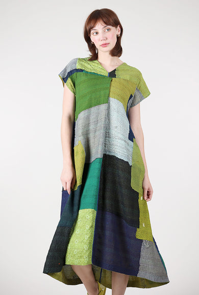 Mieko Mintz Marble Fray Patch Kantha Dress, Cobalt/Chartreuse 