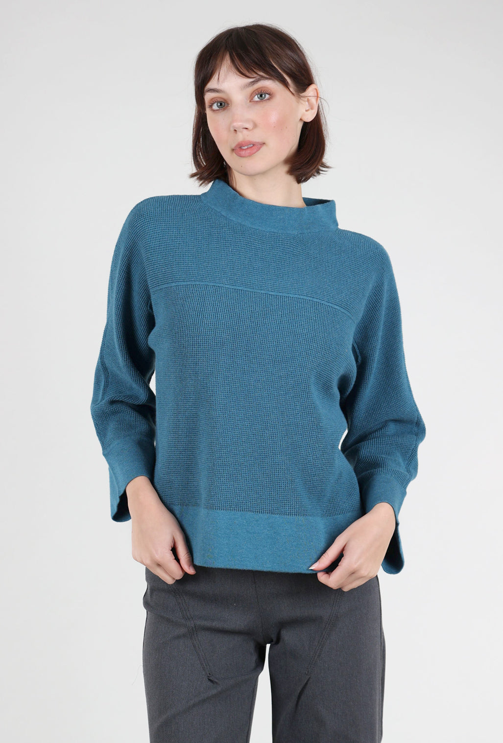 Liv Microthermal Knit Dolman Funnel Sweater, Ocean 