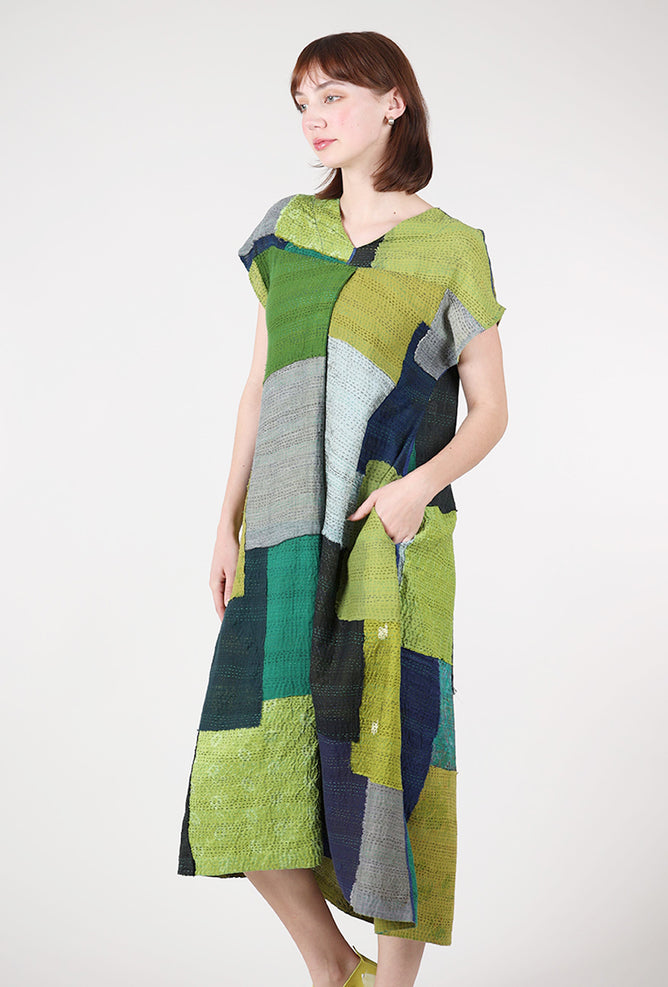 Mieko Mintz Marble Fray Patch Kantha Dress, Cobalt/Chartreuse 