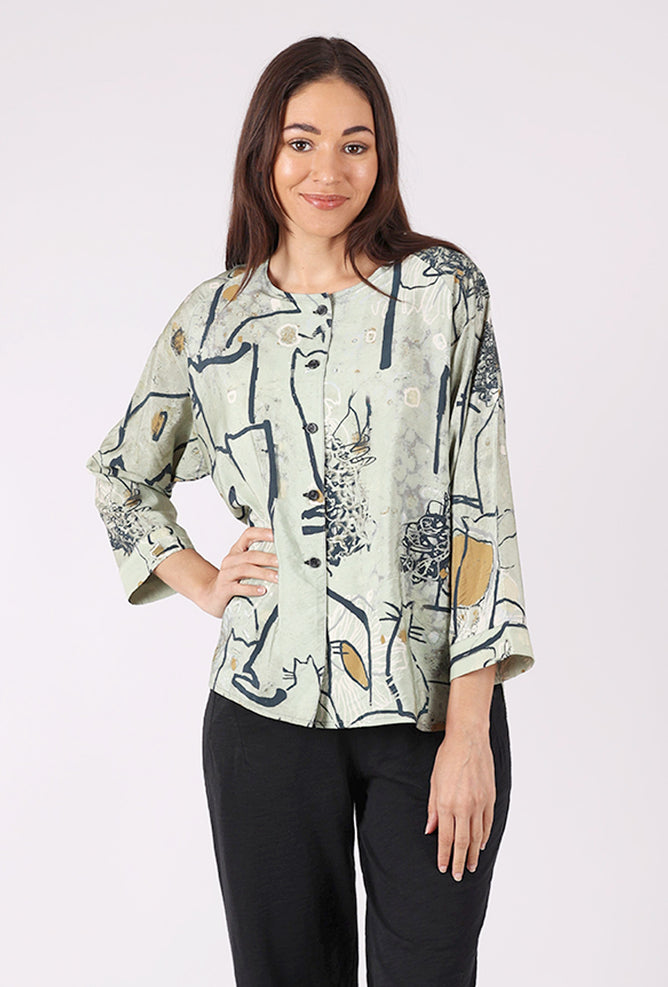 3 Potato Rounded Neck Pocket Top, Sage/Camel 