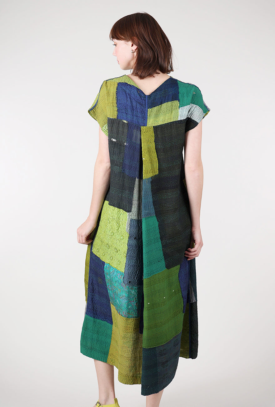 Mieko Mintz Marble Fray Patch Kantha Dress, Cobalt/Chartreuse 