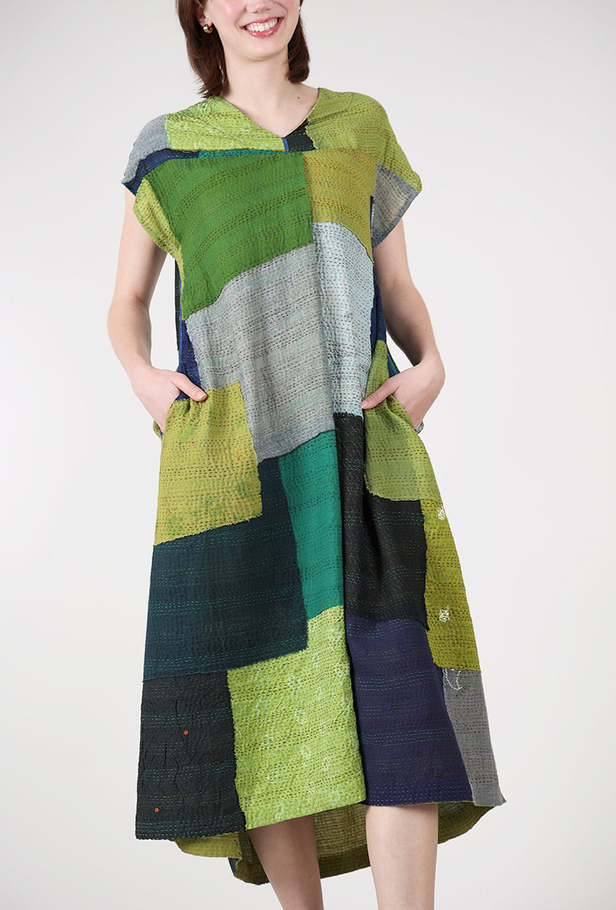 Mieko Mintz Marble Fray Patch Kantha Dress, Cobalt/Chartreuse 