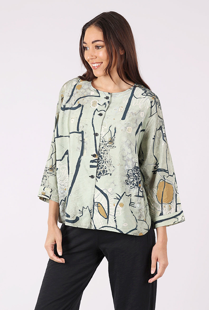 3 Potato Rounded Neck Pocket Top, Sage/Camel 