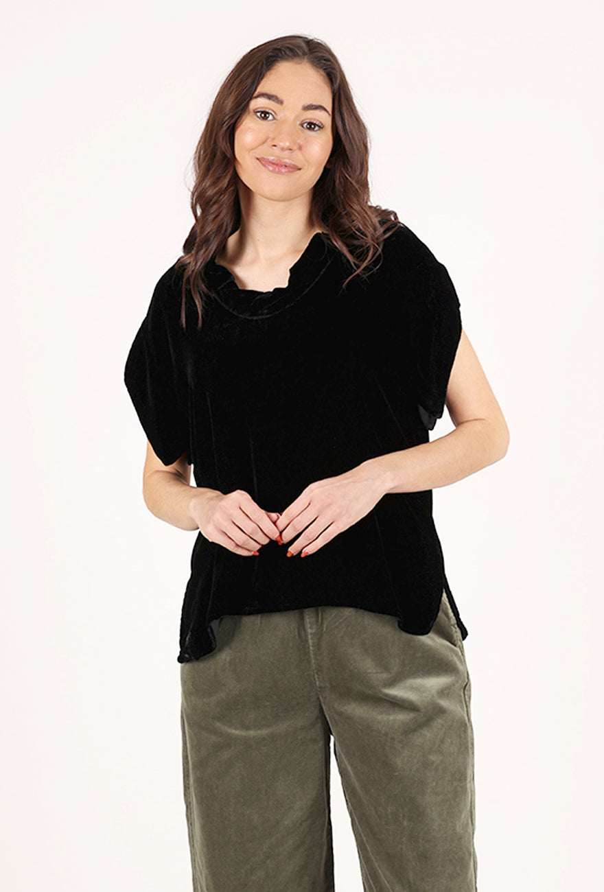 Cut Loose S/S Velvet Cowl Top, Black 