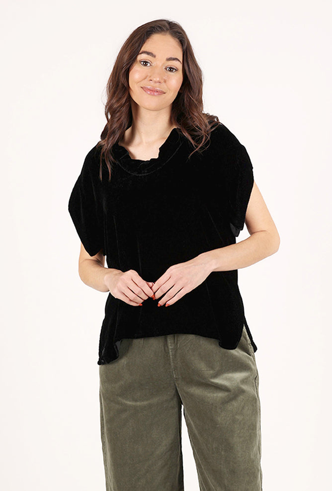 Cut Loose S/S Velvet Cowl Top, Black 