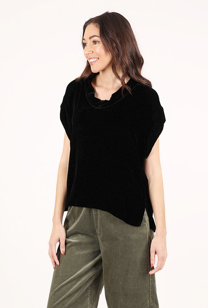Cut Loose S/S Velvet Cowl Top, Black 