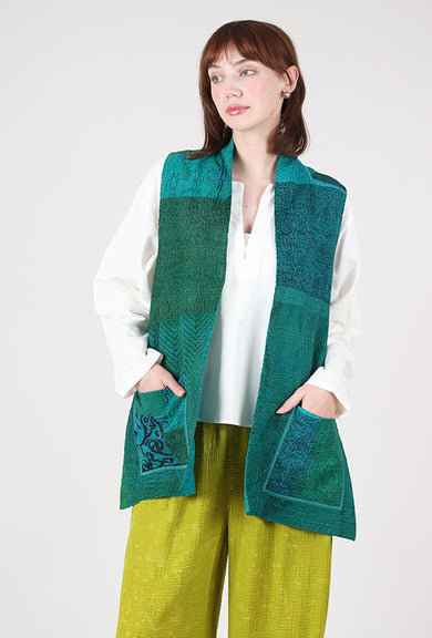 Mieko Mintz Jacquard Kantha Kimono Vest, Turquoise 