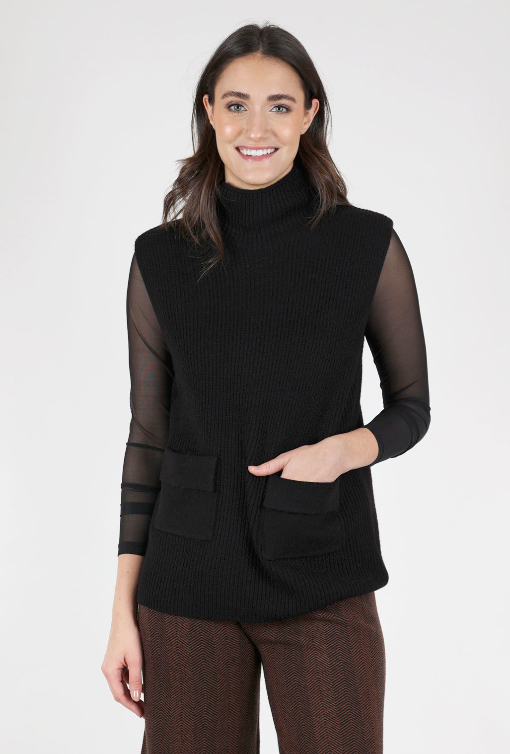 Gabby Isabella Turtleneck Pocket Vest, Black 