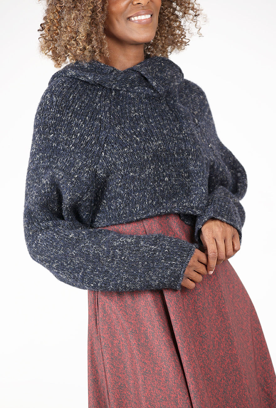 Chunky Crop Funnel Sweater, Black Melange
