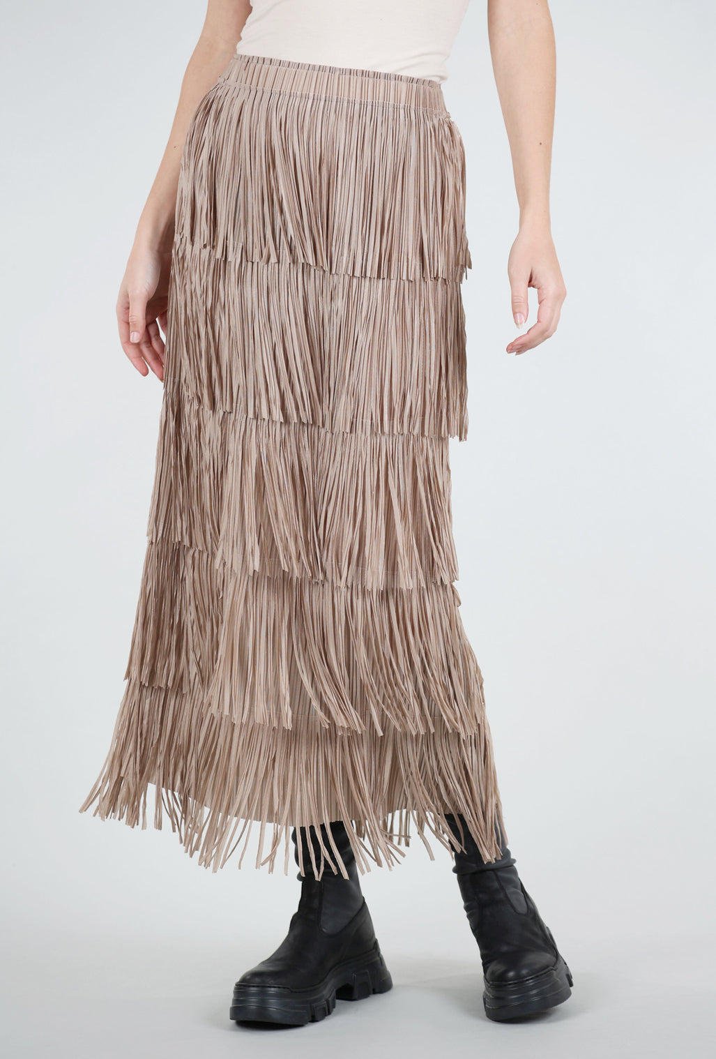 Origami Apparel Layered Fringe Tiered Skirt, Taupe 