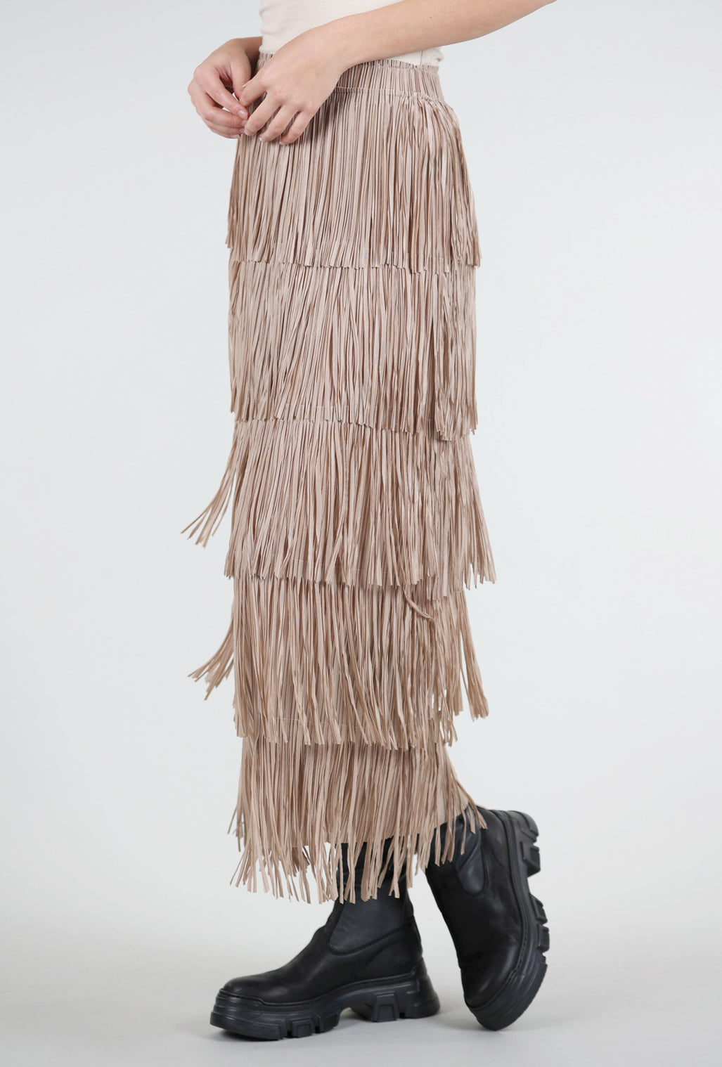 Origami Apparel Layered Fringe Tiered Skirt, Taupe 