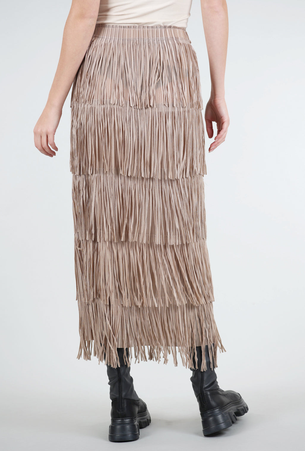 Origami Apparel Layered Fringe Tiered Skirt, Taupe 