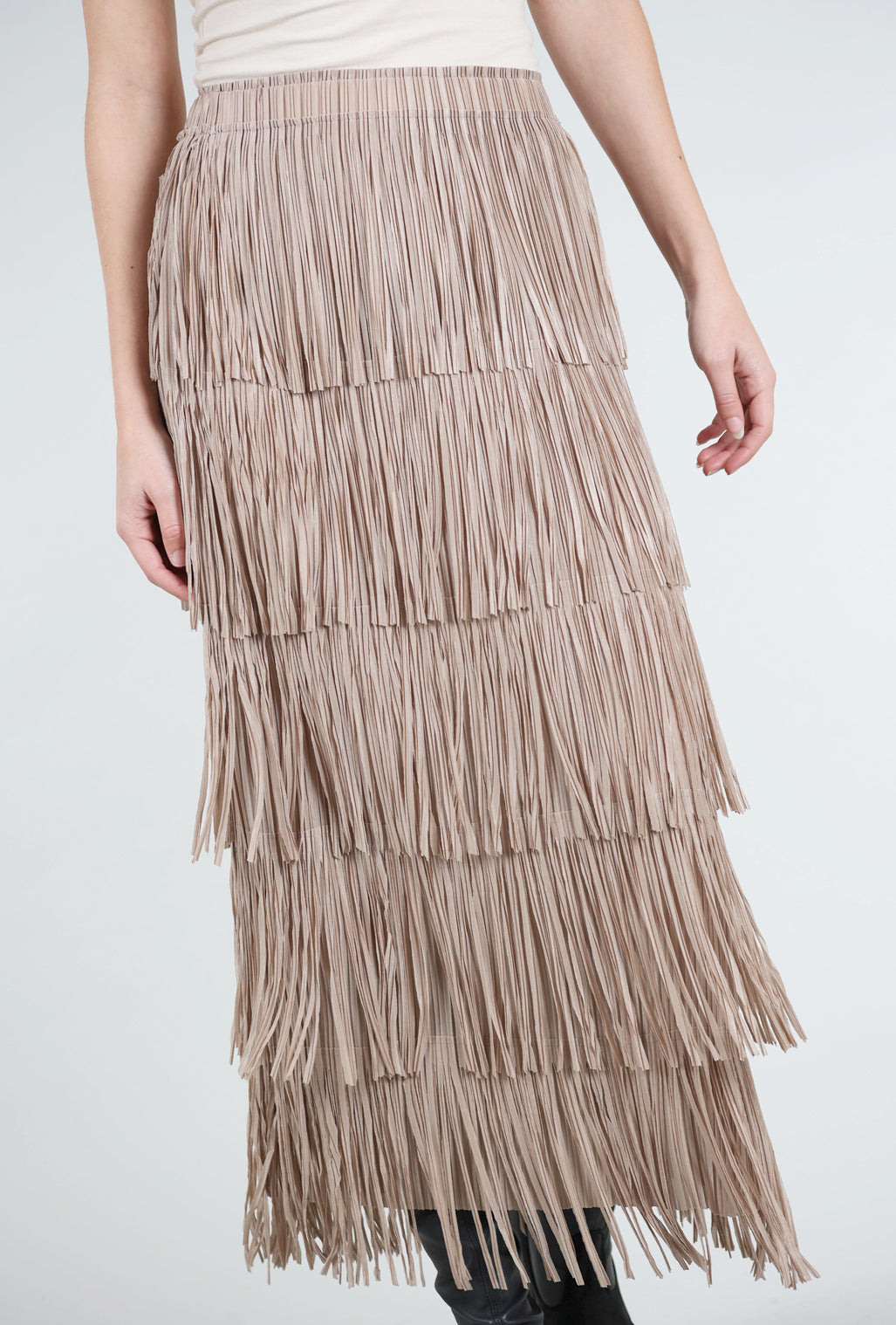 Origami Apparel Layered Fringe Tiered Skirt, Taupe 