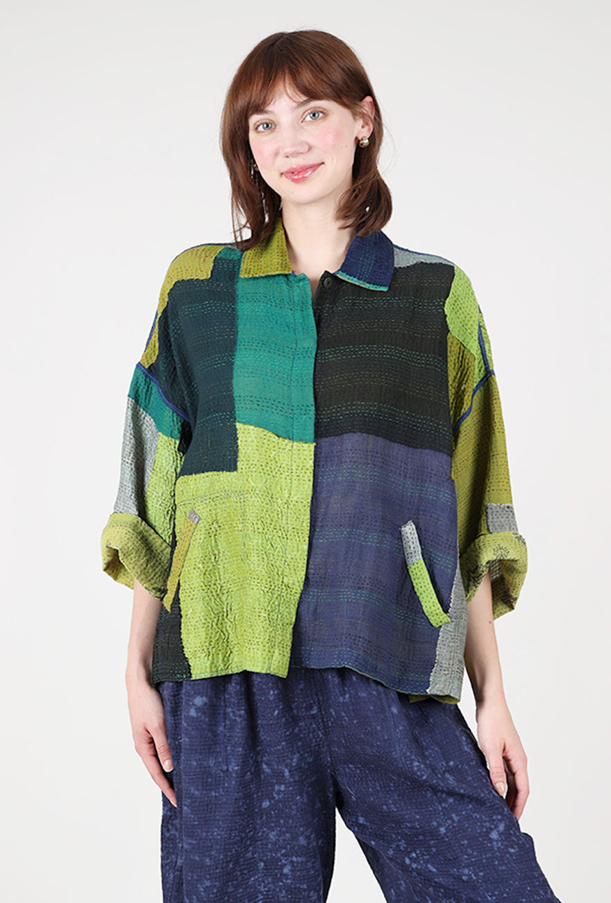 Mieko Mintz Marble Fray Crop Tent Shirt, Cobalt/Chartreuse 