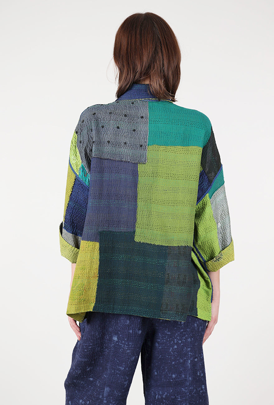 Mieko Mintz Marble Fray Crop Tent Shirt, Cobalt/Chartreuse 