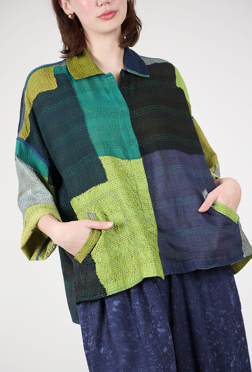Mieko Mintz Marble Fray Crop Tent Shirt, Cobalt/Chartreuse 