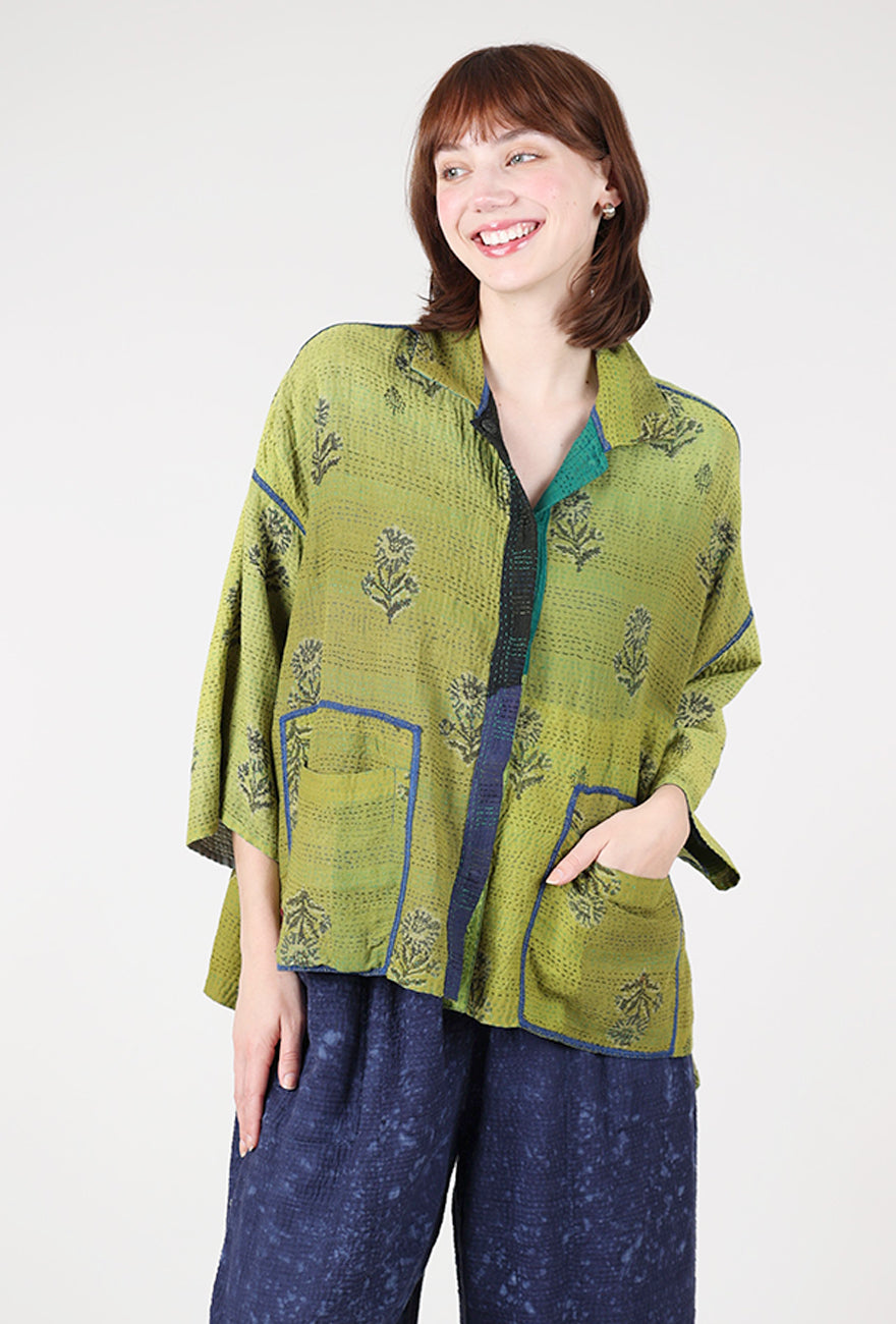 Mieko Mintz Marble Fray Crop Tent Shirt, Cobalt/Chartreuse 
