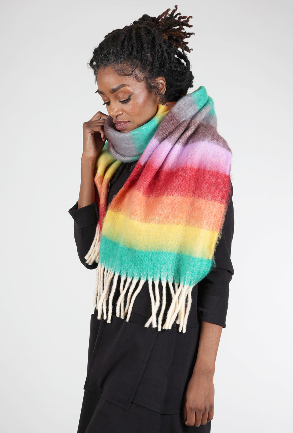 Knit Bon Bons Brushed Colorblock Scarf, Rainbow 