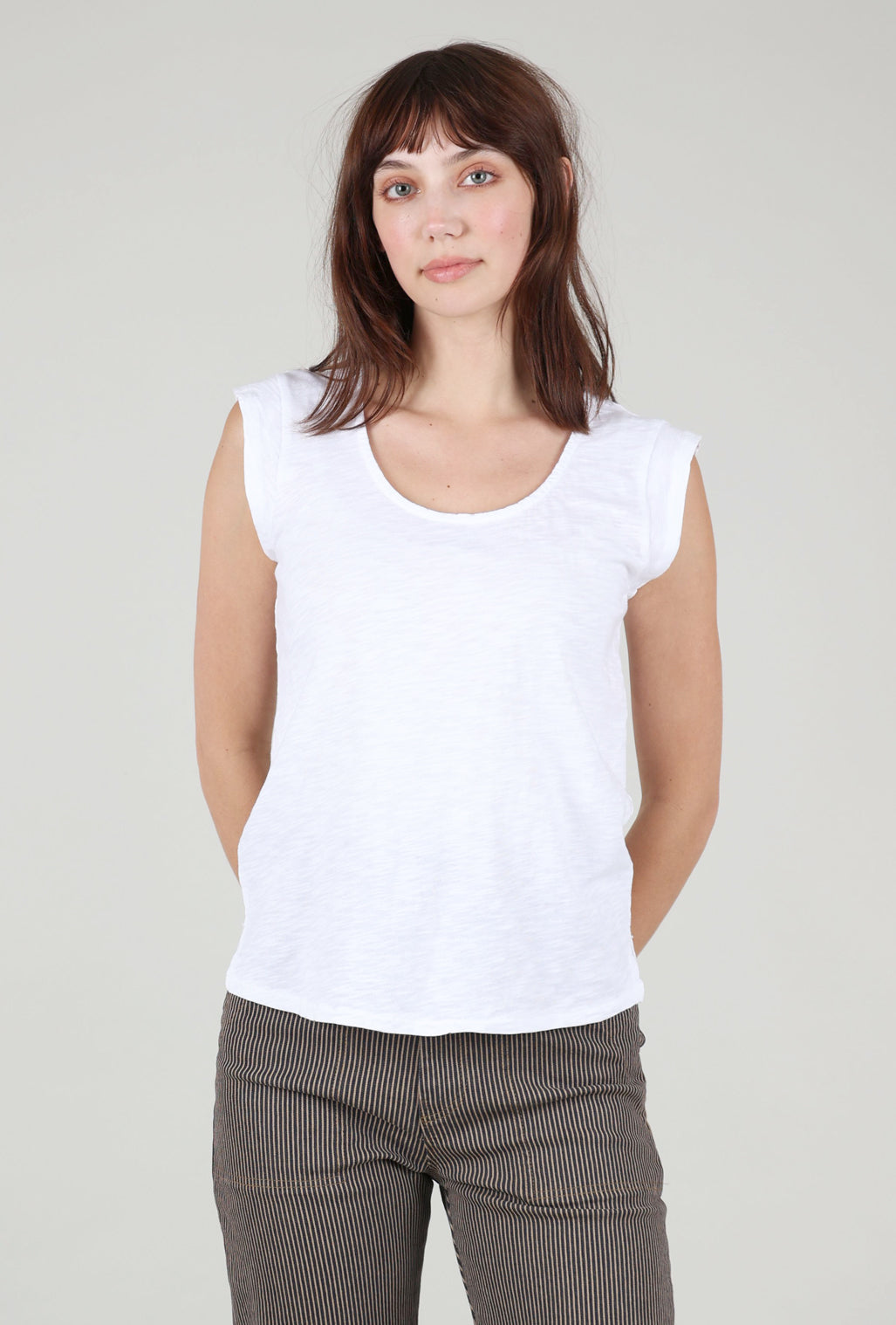 Mododoc Cap-Sleeve Scoop-Neck Tee, White 