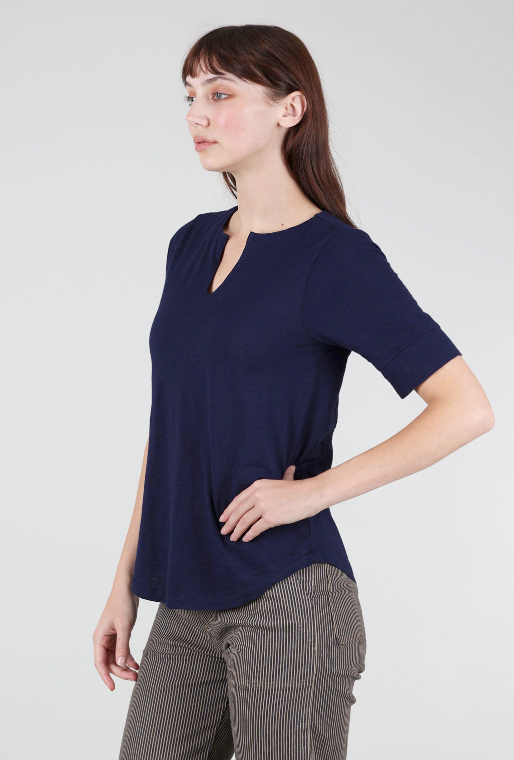 Mododoc Half-Sleeve Split-Neck Relaxed Tee, Navy Licorice 