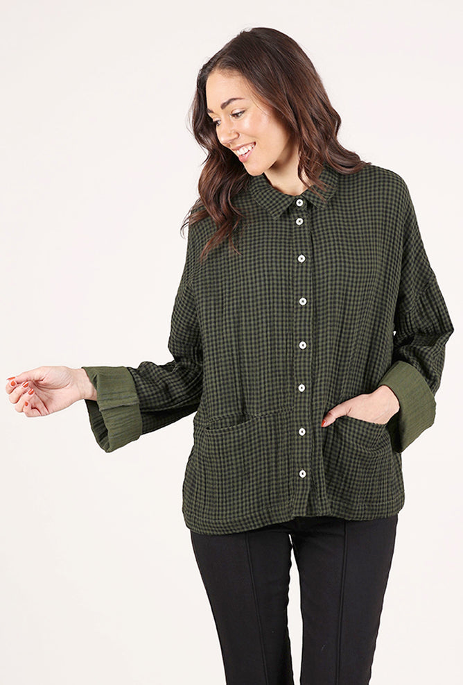Bibico Anya Relaxed Blouse, Olive Check 