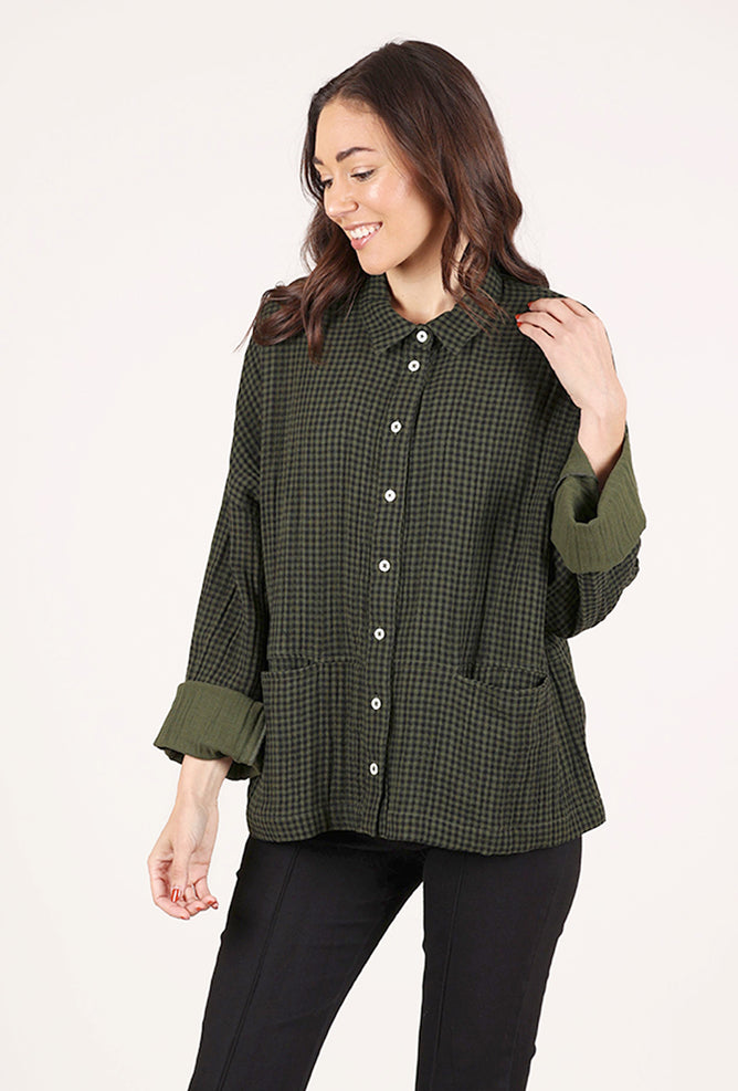 Bibico Anya Relaxed Blouse, Olive Check 